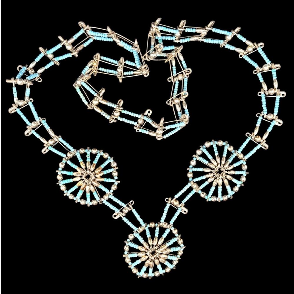 Retro Luxe Handmade Blue Bead Squash Blossom Necklace‎ Boho Statement Piece
